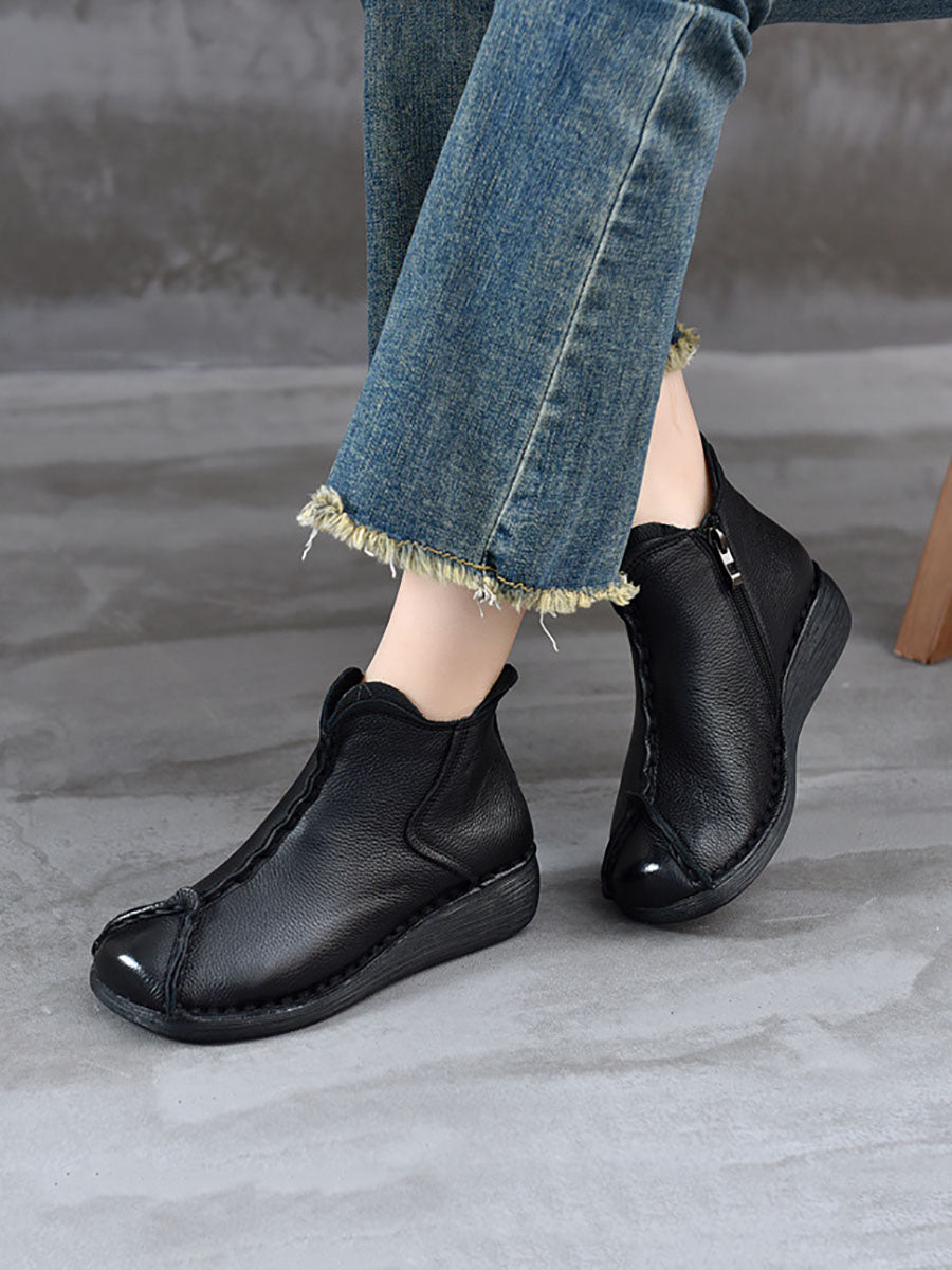 Vintage Genuine Leather Spliced Low Heel Boots