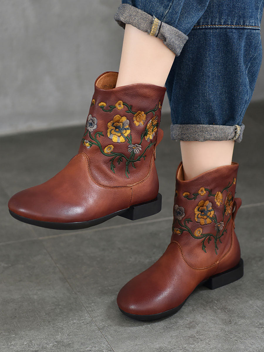 Vintage Flower Embroidery Leather Low Heel Boots
