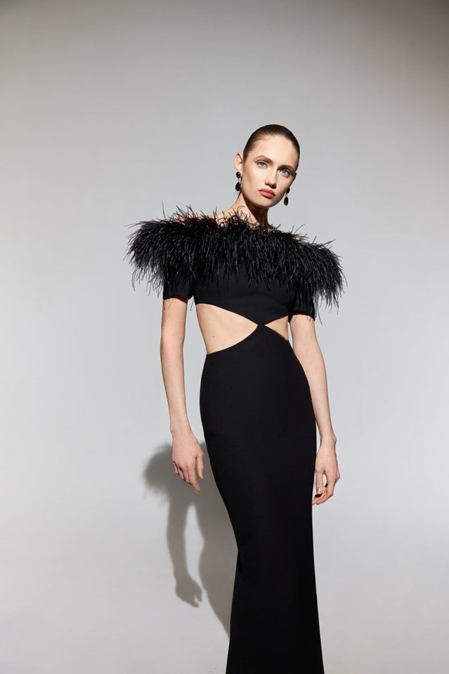 Cutout Feather Trim Spaghetti Strap Dress - Fashionpara