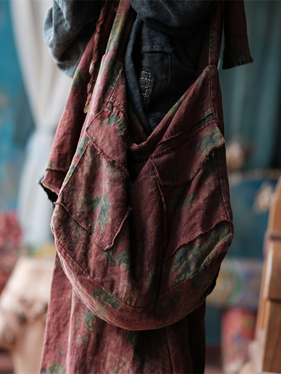 Retro Floral Spliced Linen Shoulder Bag