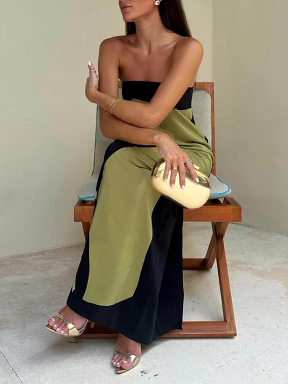 Contrast Sleeveless Off Shoulder Printed Maxi Dress - Fashionpara