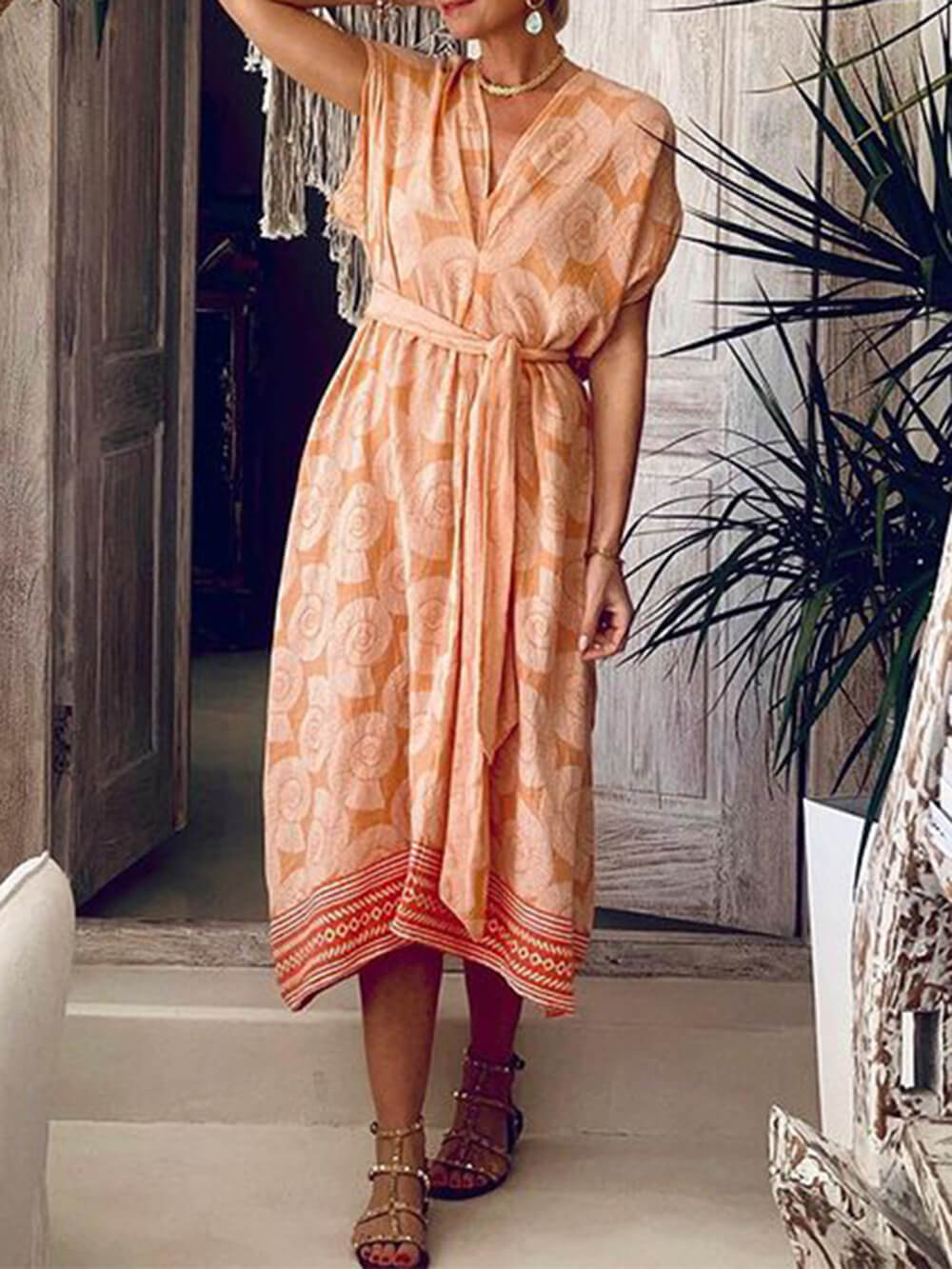 Printed V-Neck Sleeveless Mid-Length Beach Dress - Fashionpara