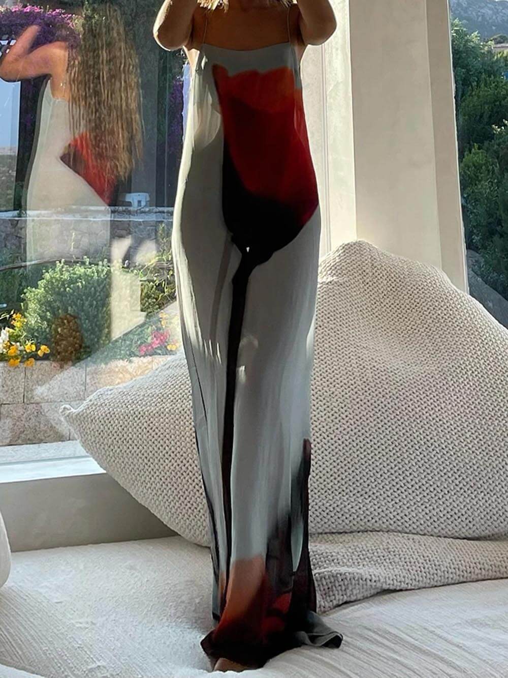 Vacation Abstract Tulip Print Slip H-Line Maxi Dress - Fashionpara