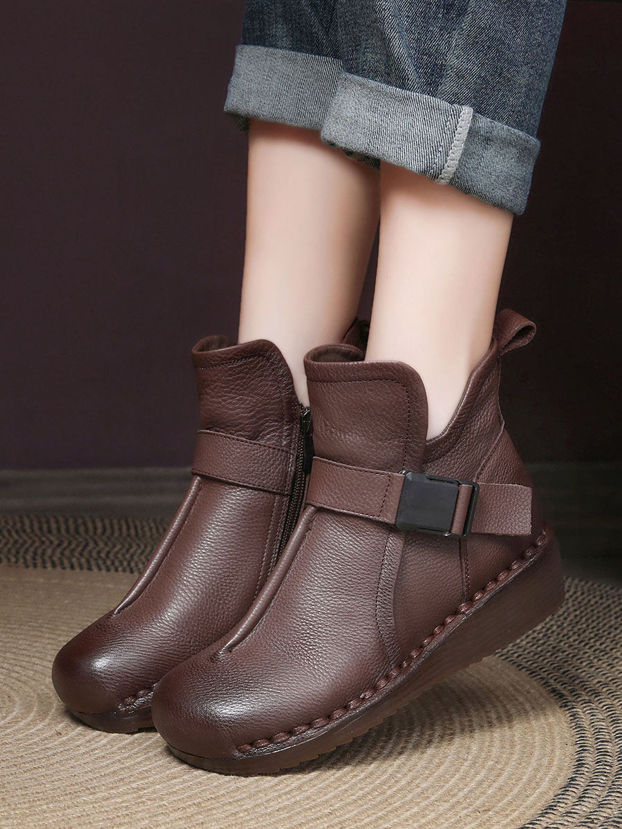 Retro Leather Spliced Mid Heel Ankle Boots