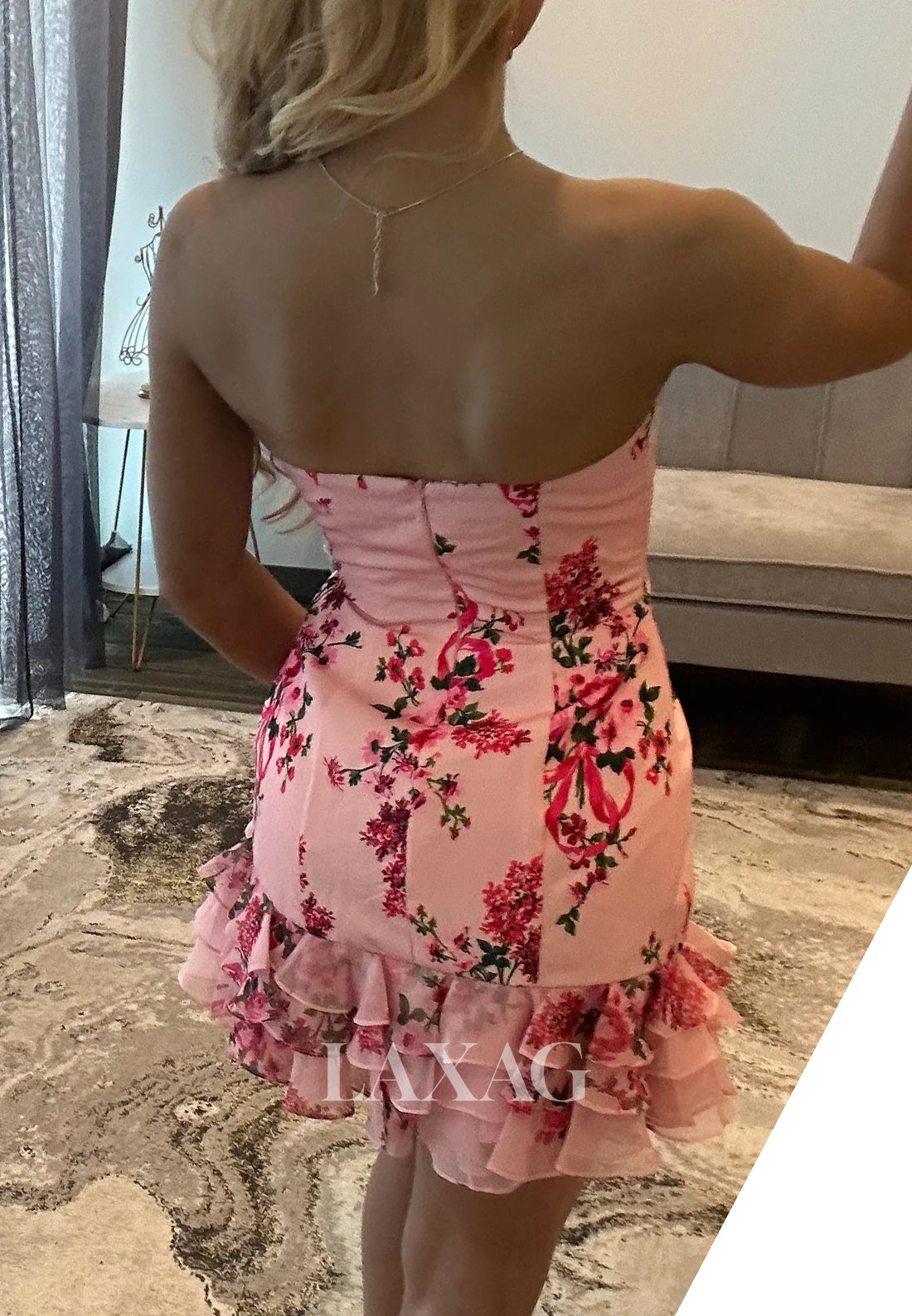 Tube Top Off-Shoulder Sleeveless Tiered Fitted Print-Chiffon Party Homecoming Dress