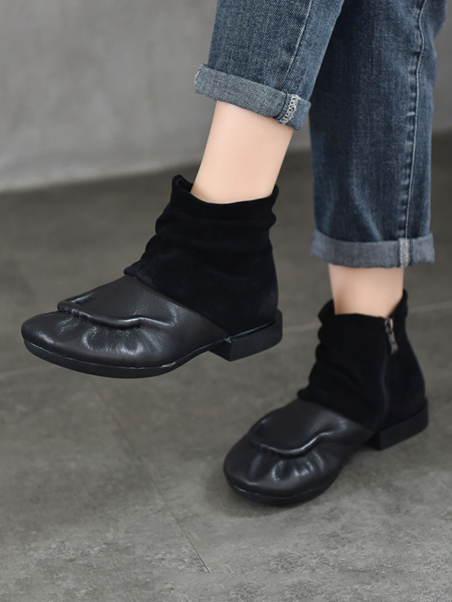 Vintage Suded Leather Spliced Low Heel Boots