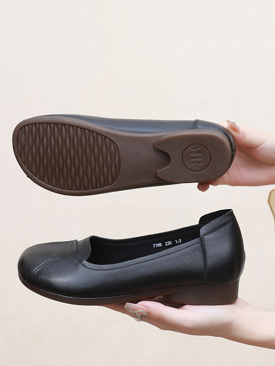 Commute Solid Leather Spliced Low Heel Shoes