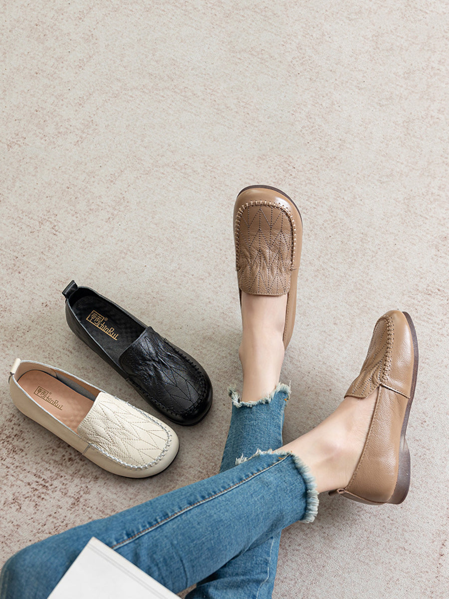 Vintage Genuine Leather Stitching Low Heel Shoes