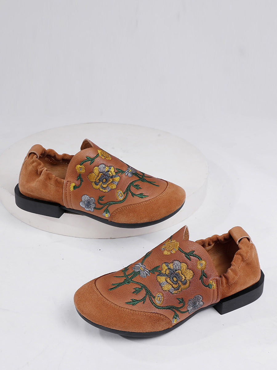 Ethnic Autumn Embroidery Leather Low Heel Shoes