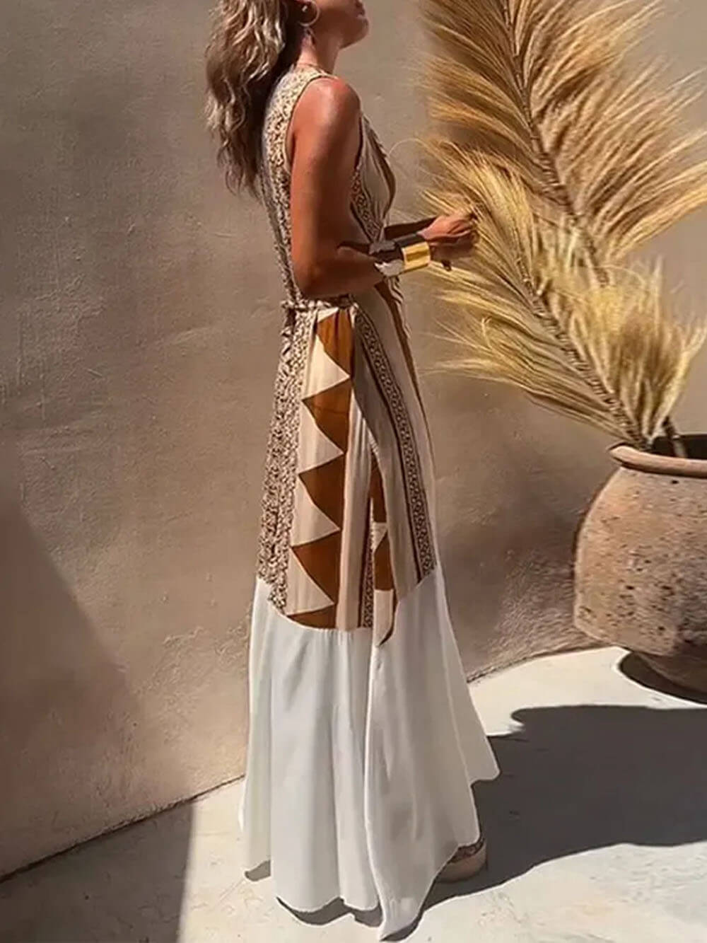 Ethnic Print Patchwork A-line Maxi Dress - Fashionpara