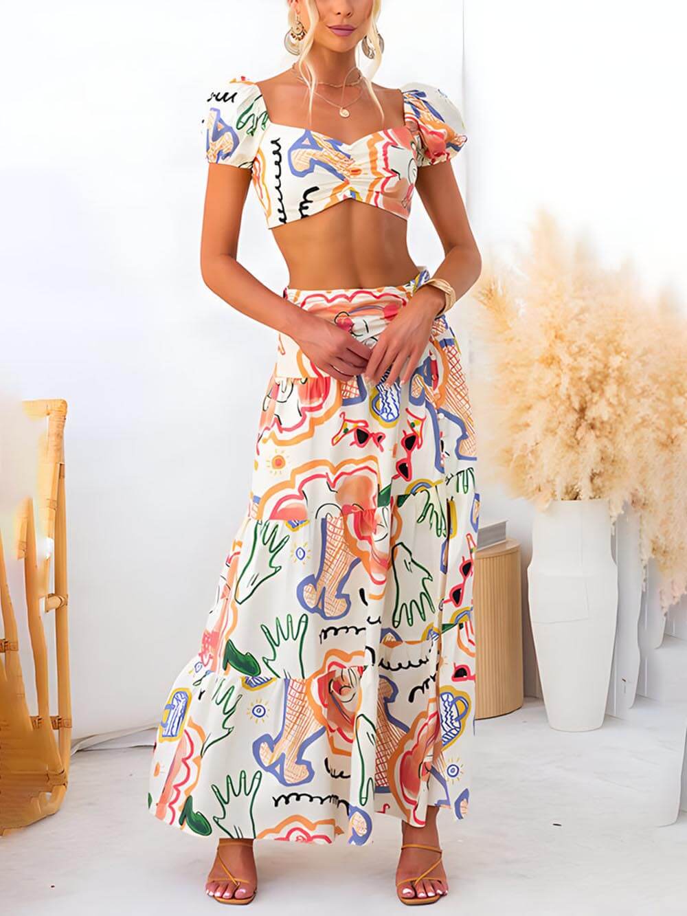 Summer Printed Top And Wrap Skirt Two-Piece Suit - Fashionpara