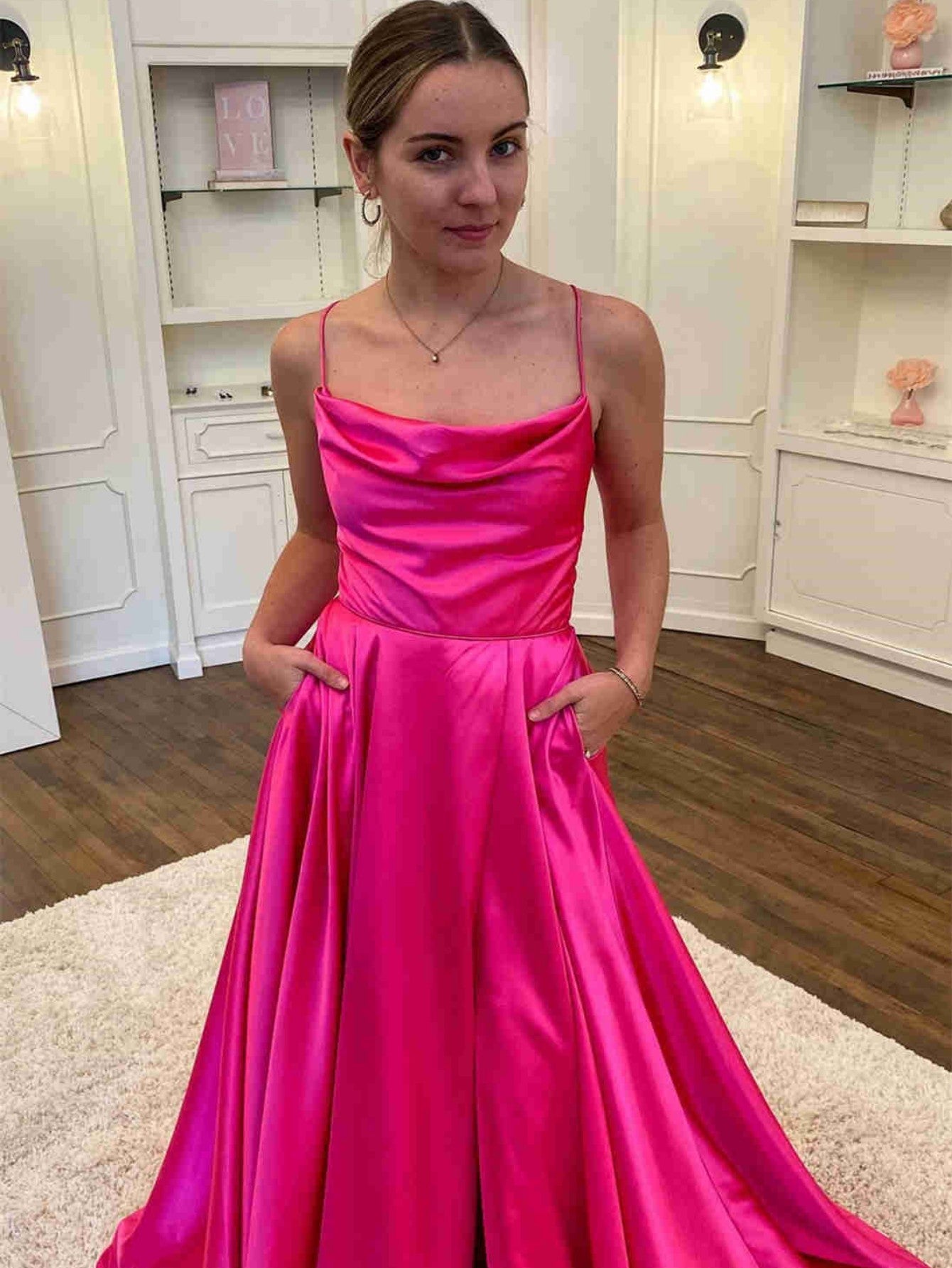 Orange Satin A Line Tight Long Prom Dress With Slit - Fashionpara