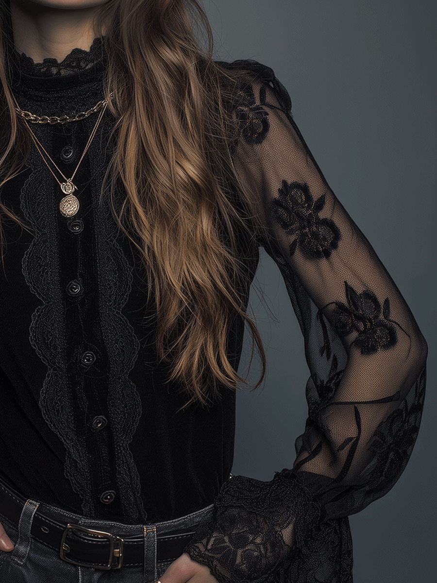 Romantic Elegance Black Lace Sheer Bell-Sleeve Blouse