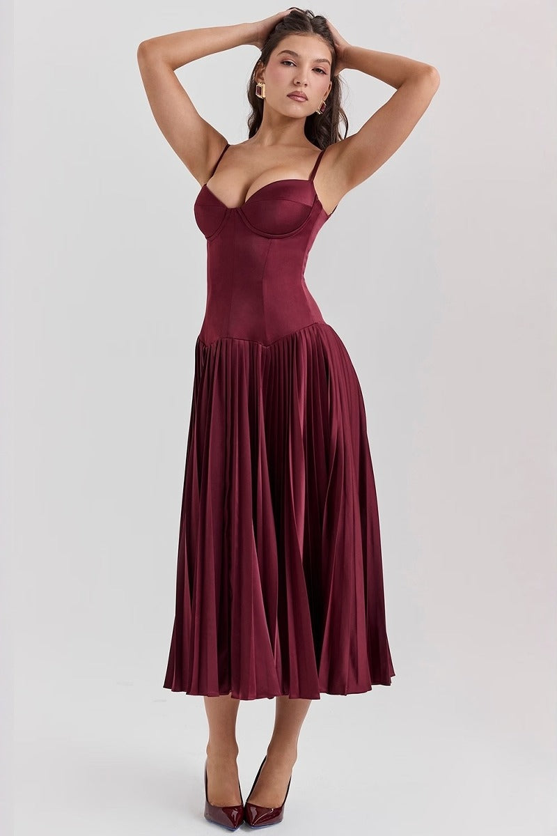 Spaghetti Strap Sweetheart Corset Knife Pleated Satin Midi Dress