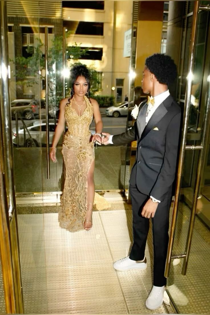 Halter Neck Gold Lace Mermaid Prom Party Dress Black Girl Evening Dress Graduation Dress - Fashionpara