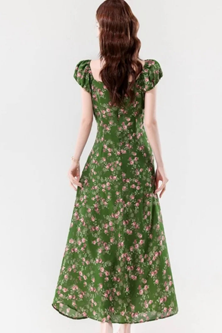 Floral Print Sweetheart Ruffle Puff Sleeve A-Line Maxi Dress