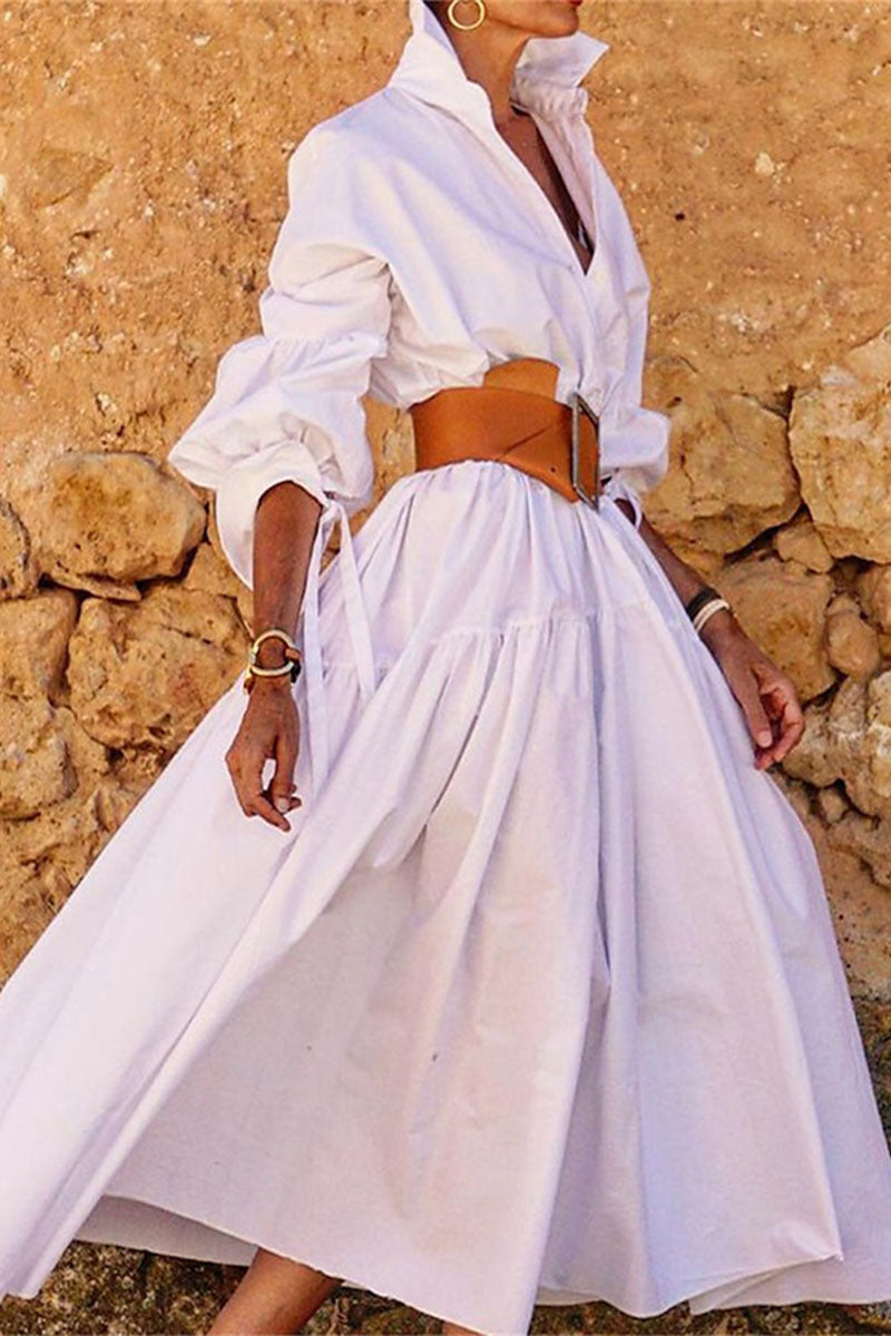 Temperament Lapel Long Sleeve Casual Long Dress - Fashionpara