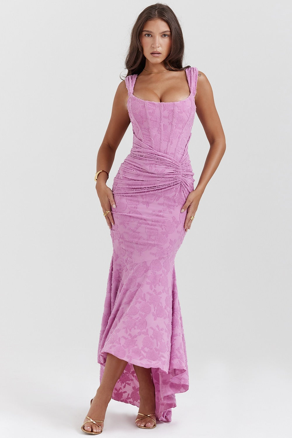 Jacquard Square Neck Corset Ruched Mermaid Gown - View 19