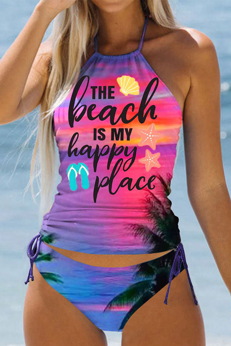 Simple resort style rainbow sea letters halterneck two-piece swimsuit - Fashionpara