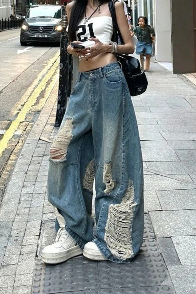 Ripped Wide-Leg Floor Jeans
