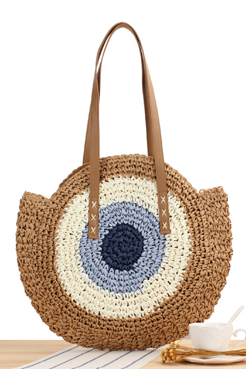 Woven Straw Splicing Contrasting Color Beach Bag - Fashionpara