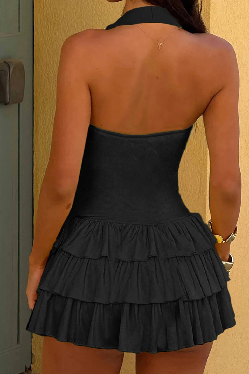 Halter Neck Corset Tiered Ruffle Mini Dress