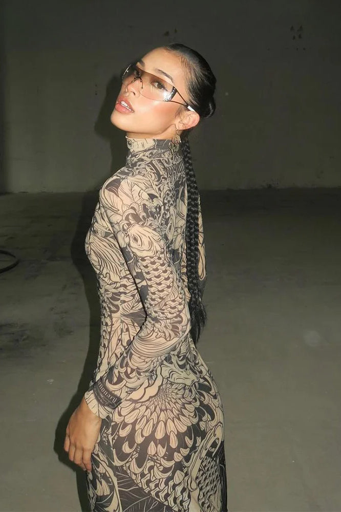 Graphic Print Mesh High Neck Long Sleeve Maxi Dress 6