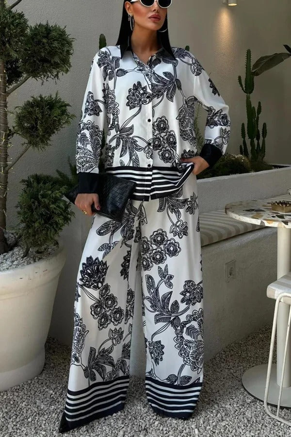 Sofia Contrast Color Flowers Print Long Sleeve Shirt and Elastic Waist Pocketed Pants Set - Fashionpara