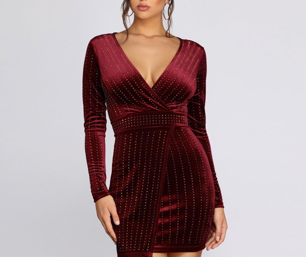Velvet Deep V-Neck Long Sleeve Rhinestone Wrap Bodycon Mini Dress - View 12