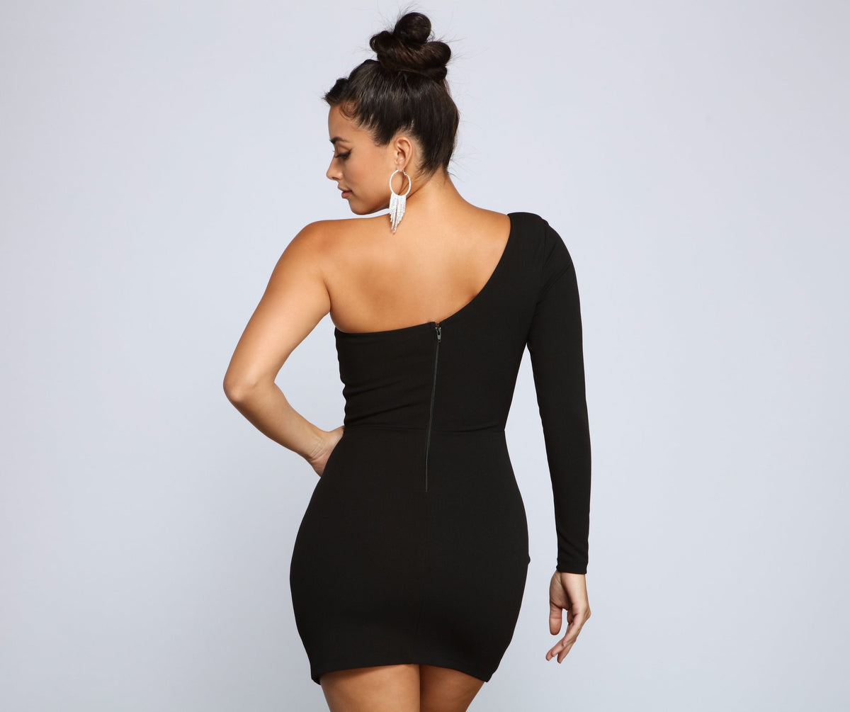 One Shoulder Long Sleeve Ruched Bodycon Mini Dress
