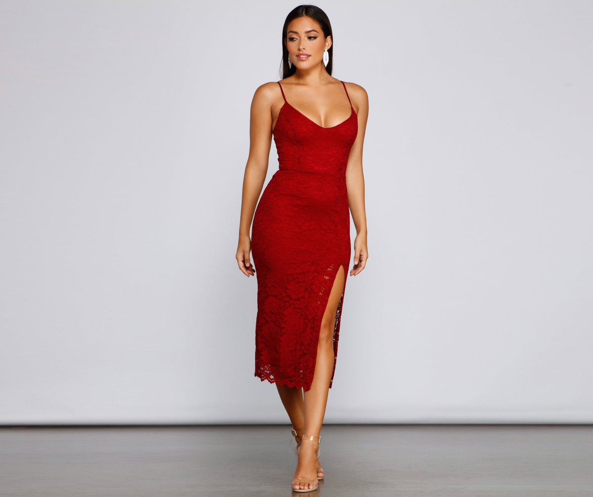 Lace V-Neck Sleeveless Bodycon High Slit Midi Dress
