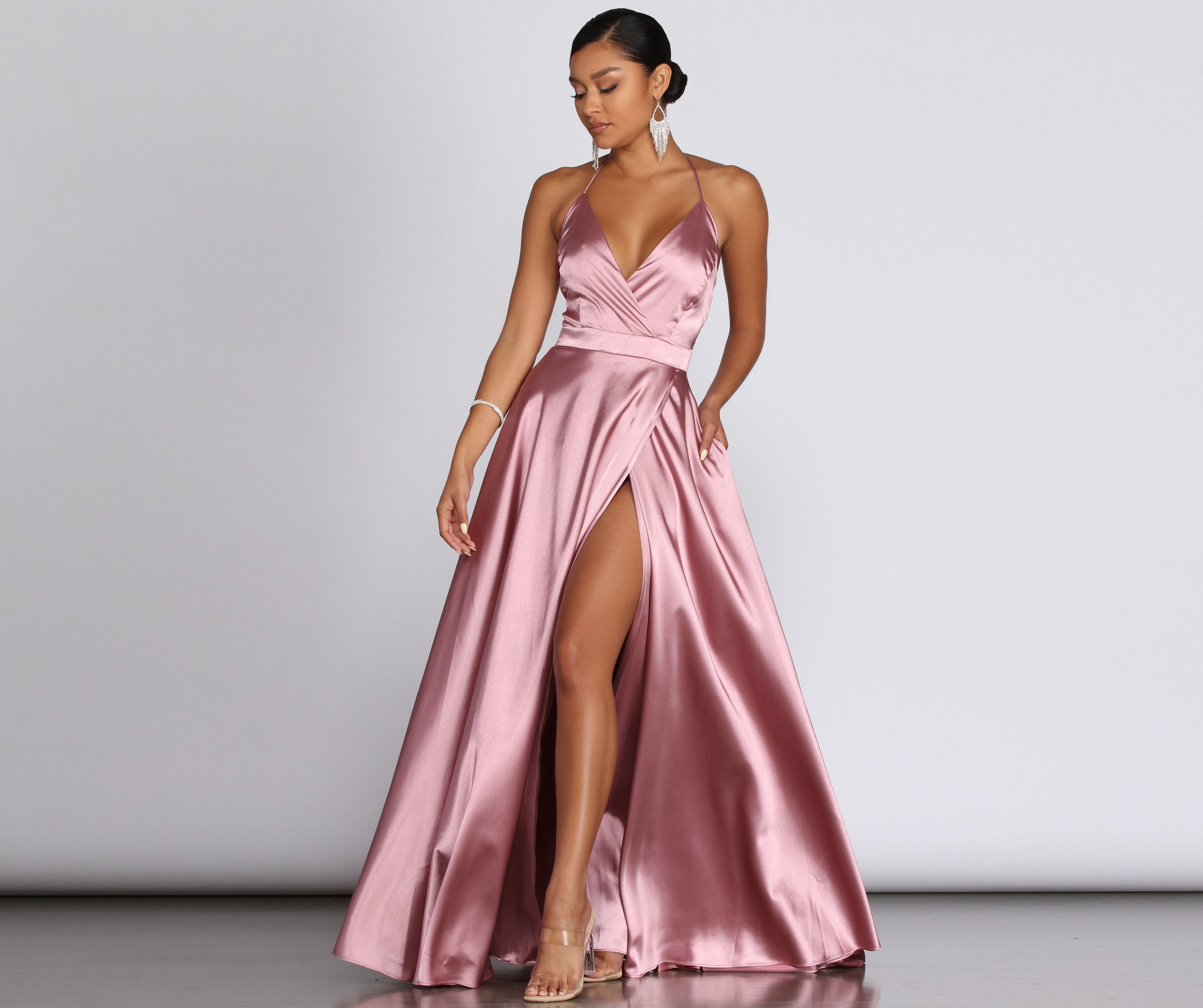 Ellie Formal Satin High Slit Dress - Fashionpara