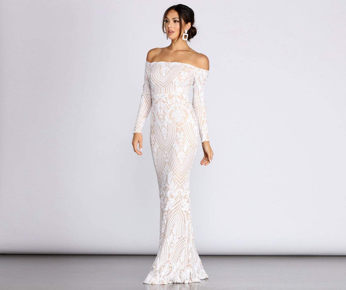 Embroidered Sequin Off Shoulder Long Sleeve Mermaid Gown