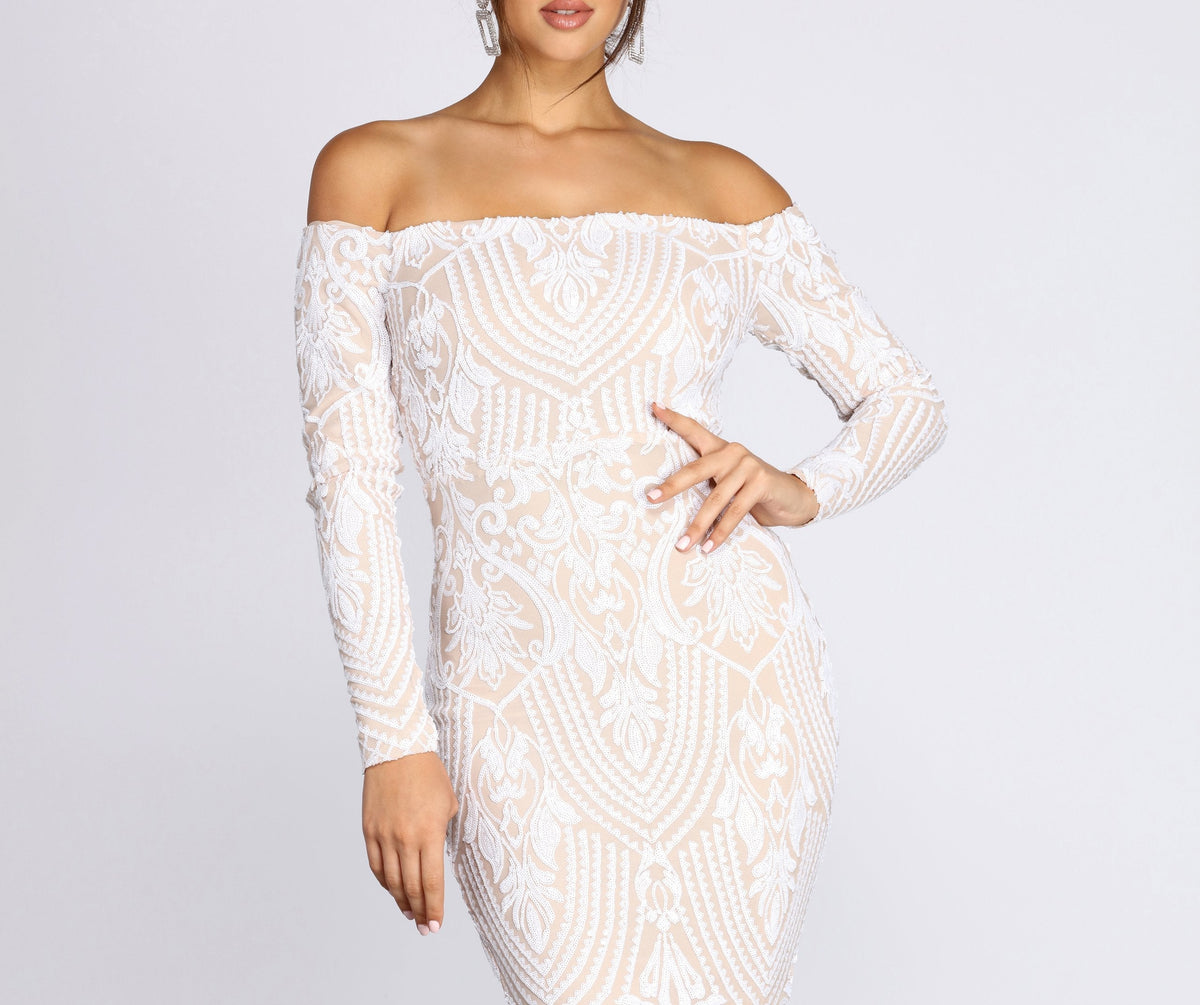 Embroidered Sequin Off Shoulder Long Sleeve Mermaid Gown