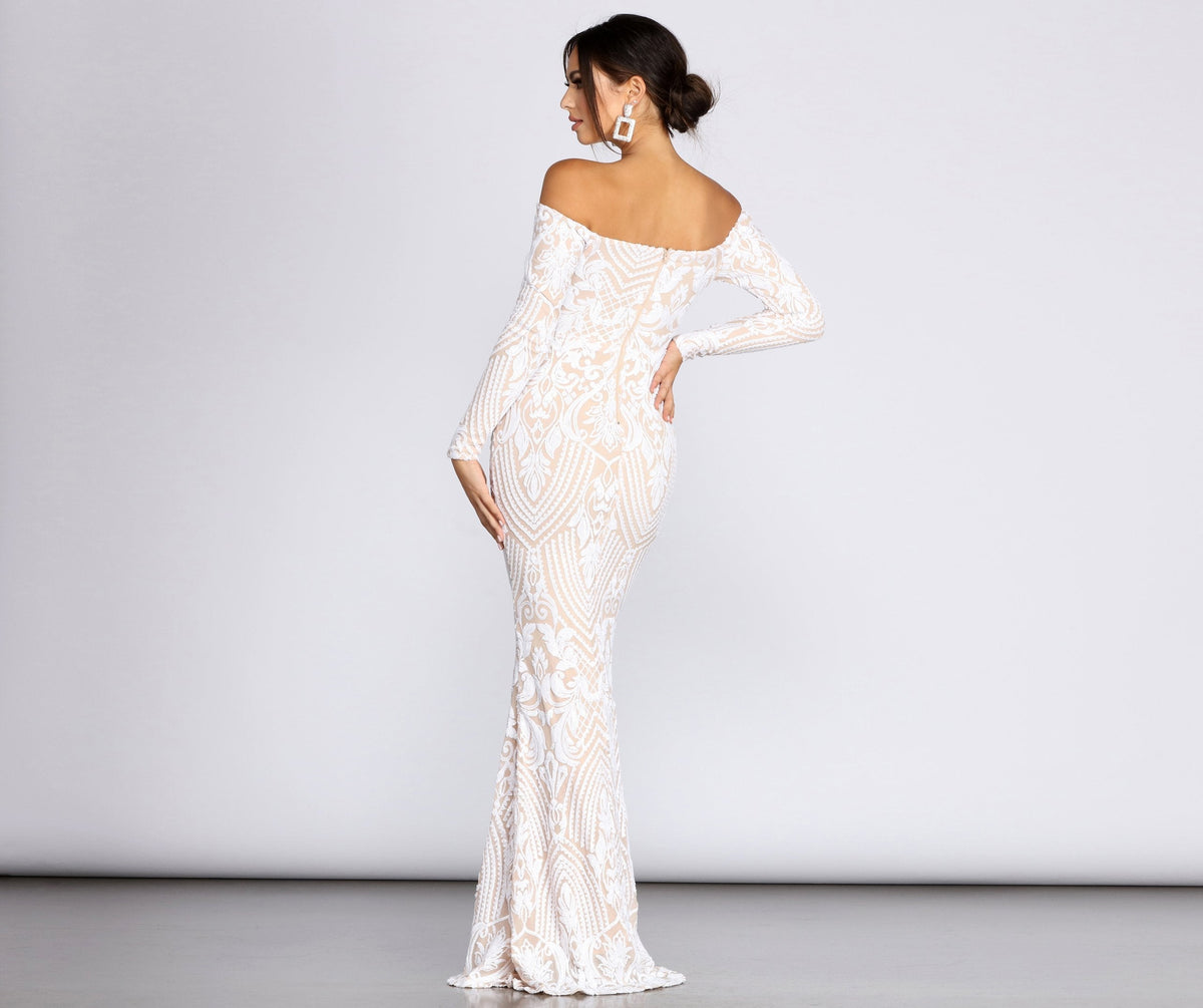Embroidered Sequin Off Shoulder Long Sleeve Mermaid Gown