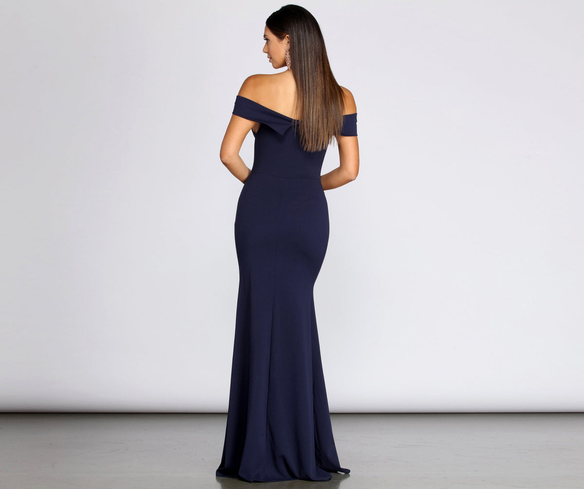 Off Shoulder High Split Crepe Mermaid Maxi Gown - View 2