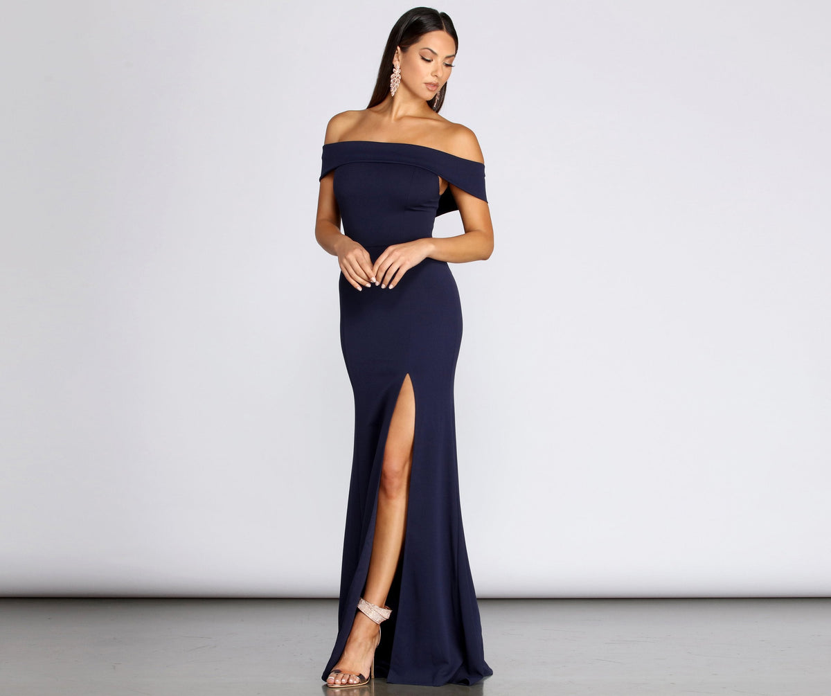 Off Shoulder High Split Crepe Mermaid Maxi Gown - View 3