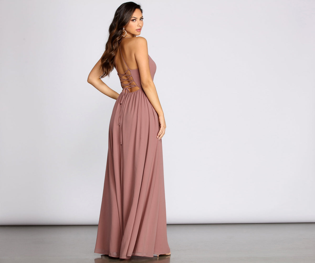 Chiffon V-Neck Lace Up Back High Split A-Line Maxi Gown - View 2