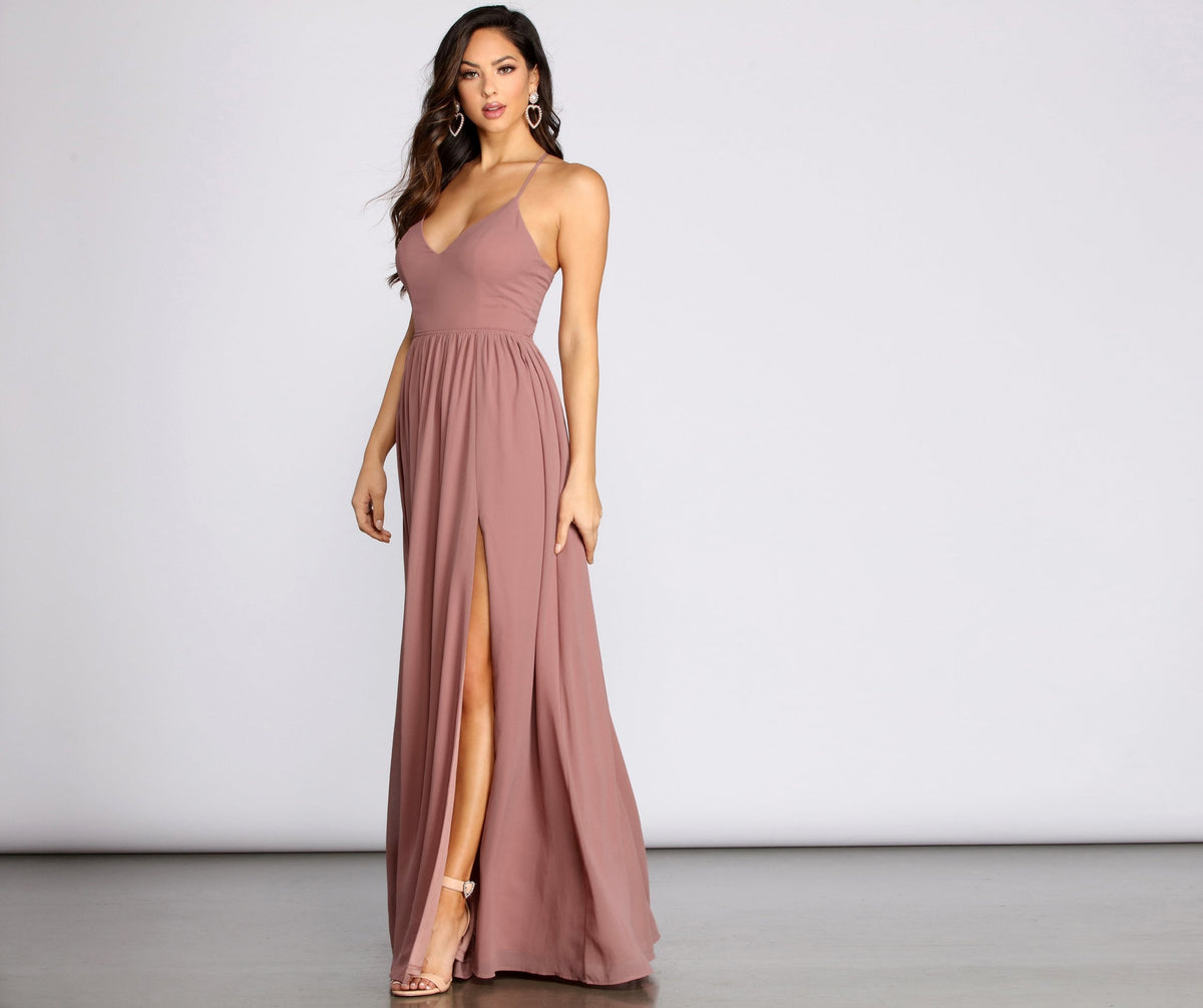 Chiffon V-Neck Lace Up Back High Split A-Line Maxi Gown - View 4