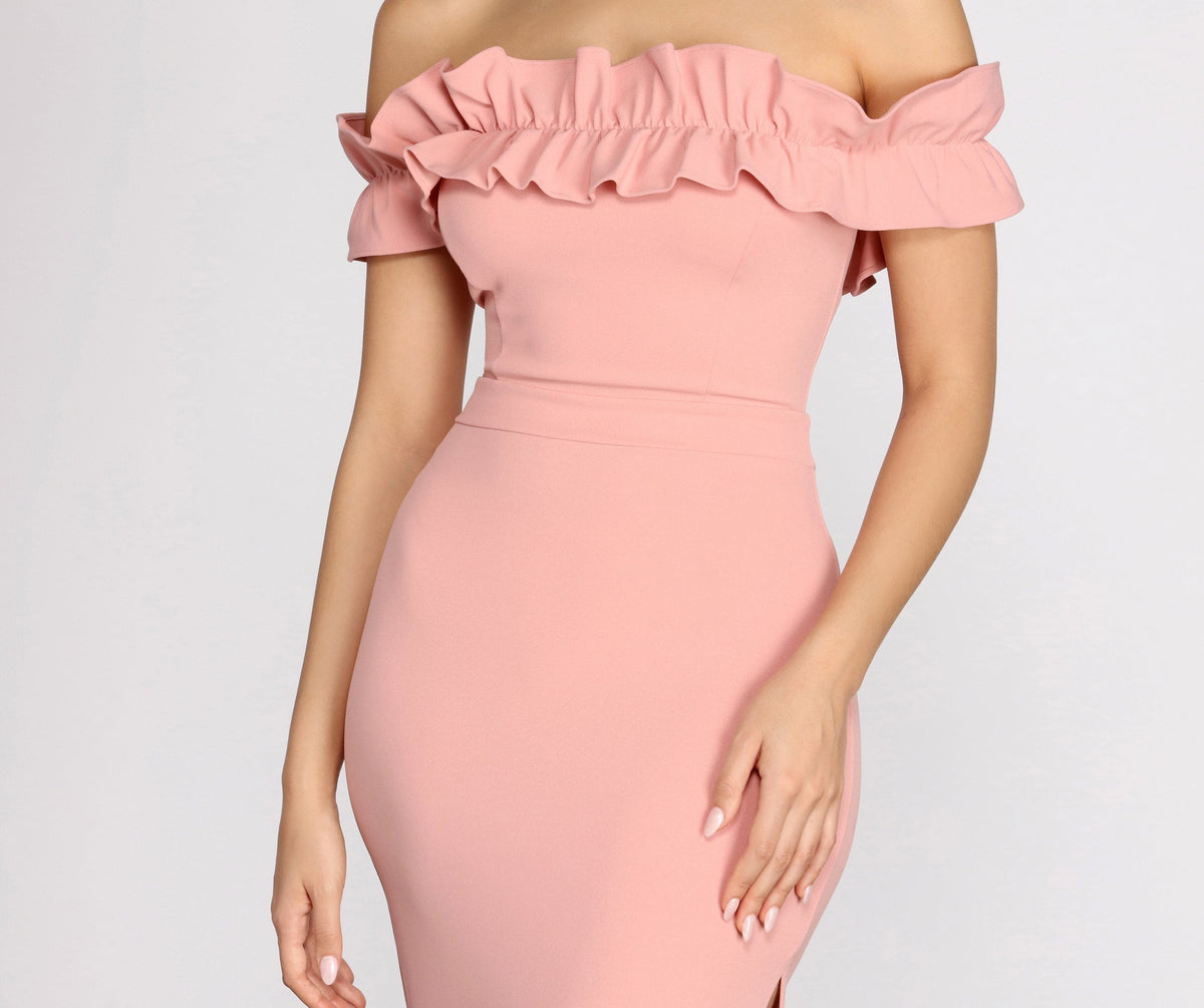 Off Shoulder Ruffle High Slit Mermaid Gown
