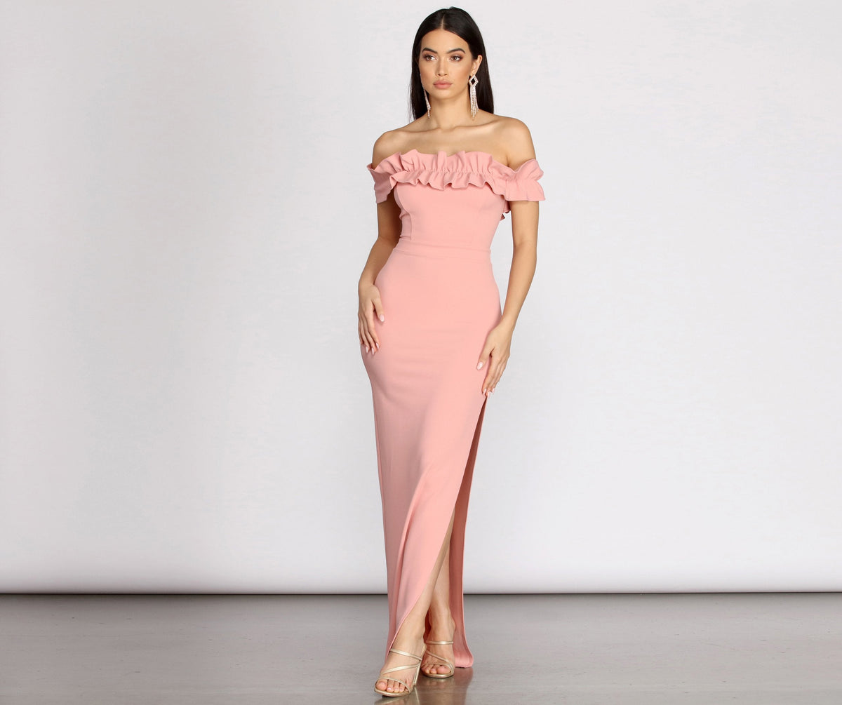 Off Shoulder Ruffle High Slit Mermaid Gown