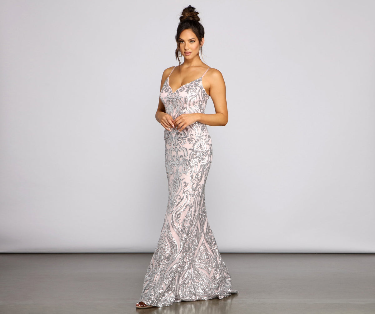 Sequin V-Neck Spaghetti Strap Fitted Mermaid Gown
