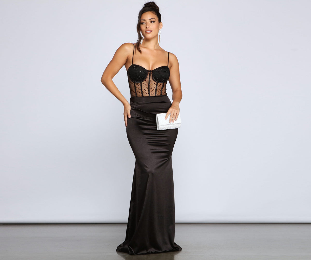 Satin Sweetheart Spaghetti Strap Rhinestone Corset Mermaid Maxi Gown