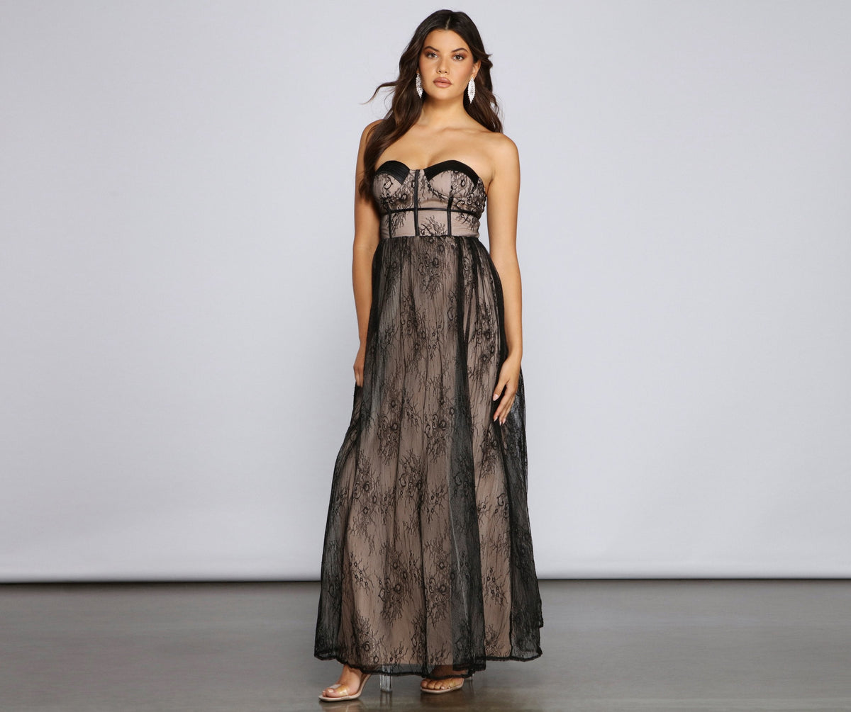 Lace Strapless Sweetheart Bustier Maxi Gown