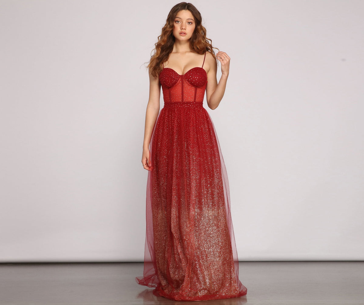 Glitter Sweetheart Spaghetti Strap Corset Tulle A-Line Maxi Gown