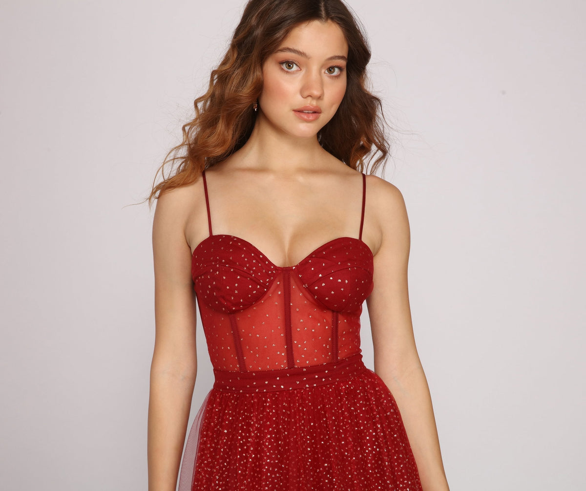 Glitter Sweetheart Spaghetti Strap Corset Tulle A-Line Maxi Gown - View 2