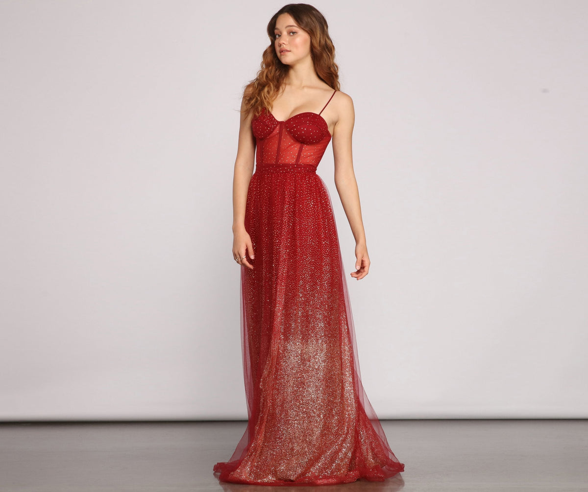Glitter Sweetheart Spaghetti Strap Corset Tulle A-Line Maxi Gown - View 3