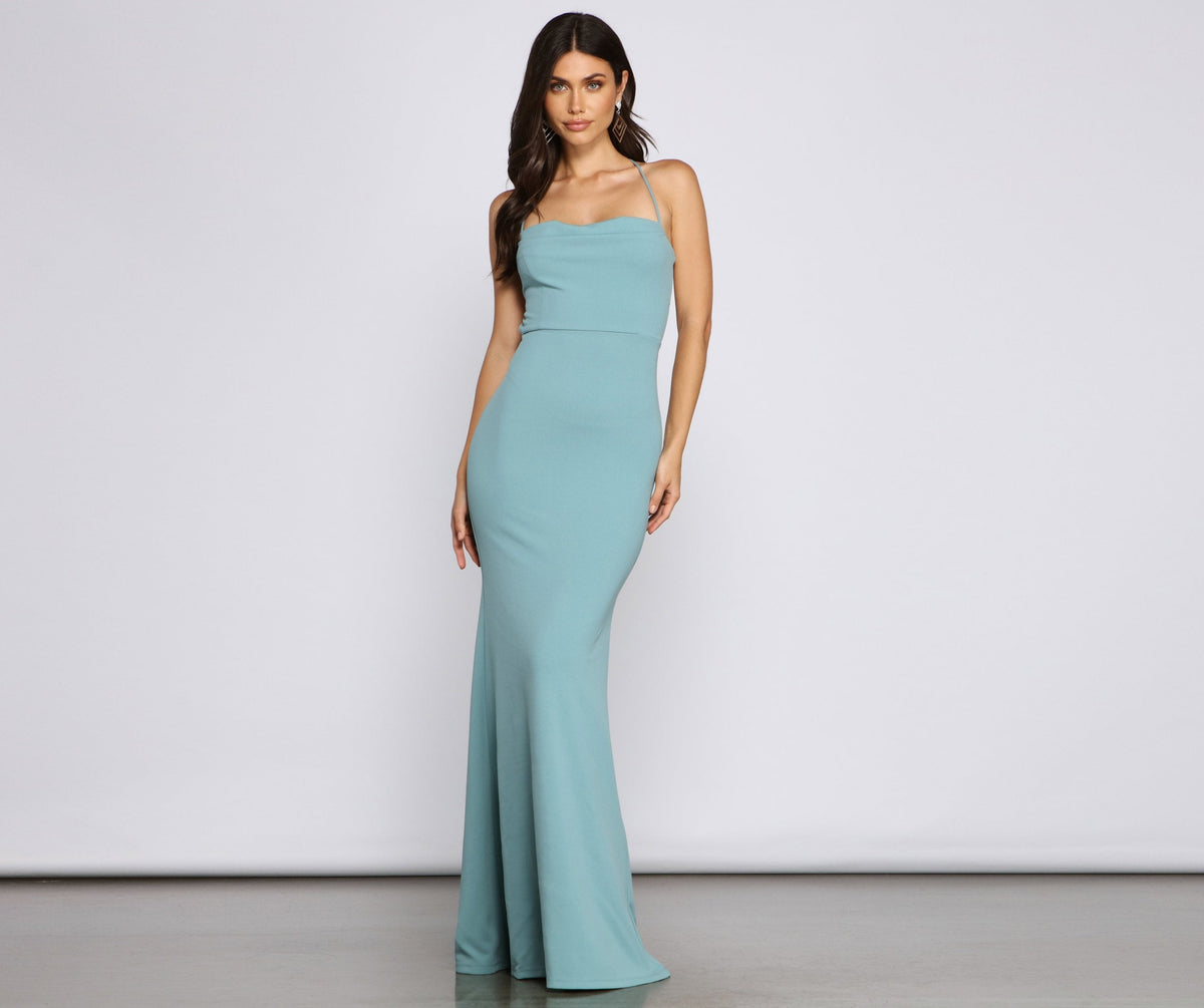 Cowl Neck Spaghetti Strap Lace Up Back Crepe Mermaid Maxi Gown
