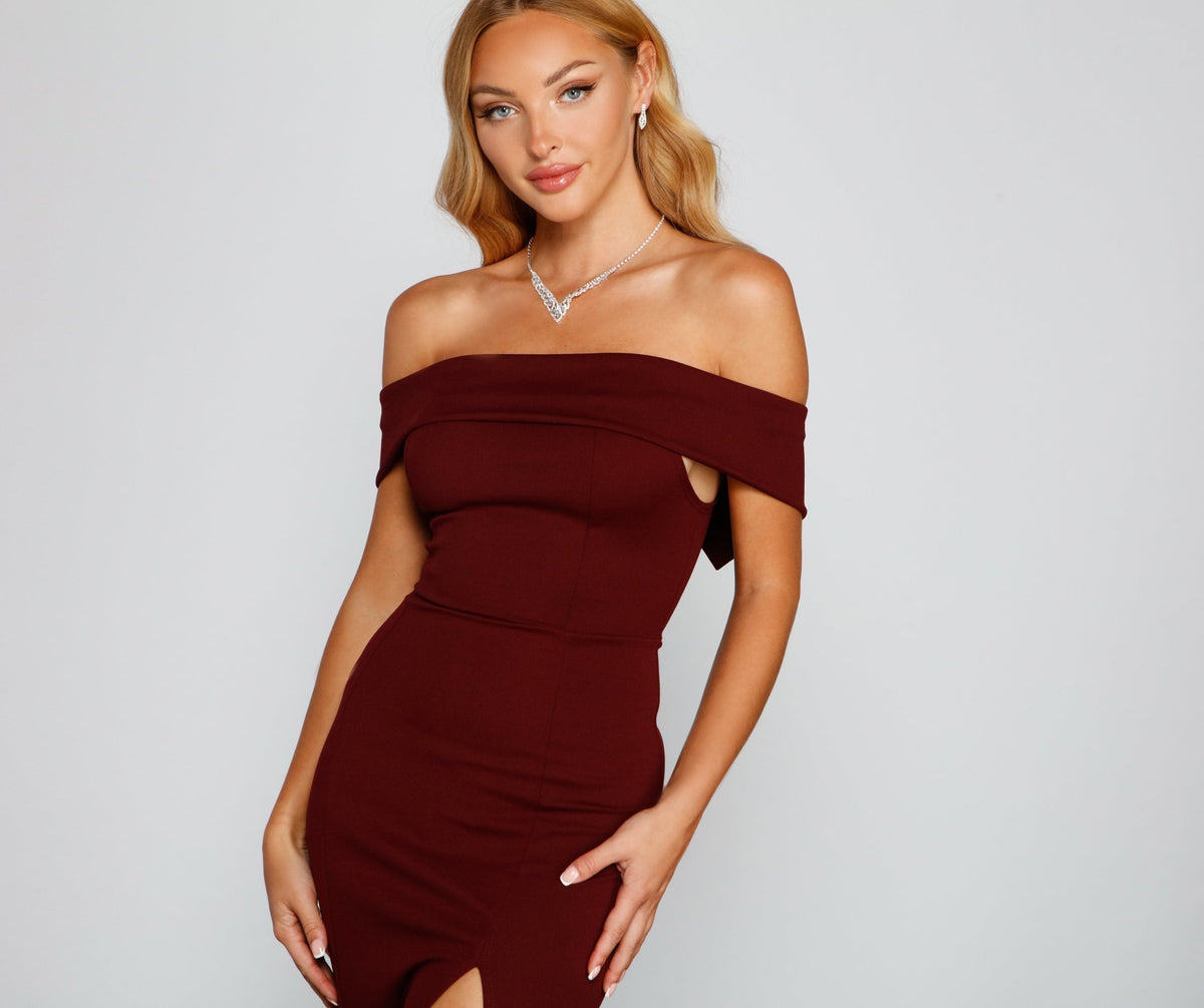 Off Shoulder High Split Crepe Mermaid Maxi Gown in HUNTER - View 11