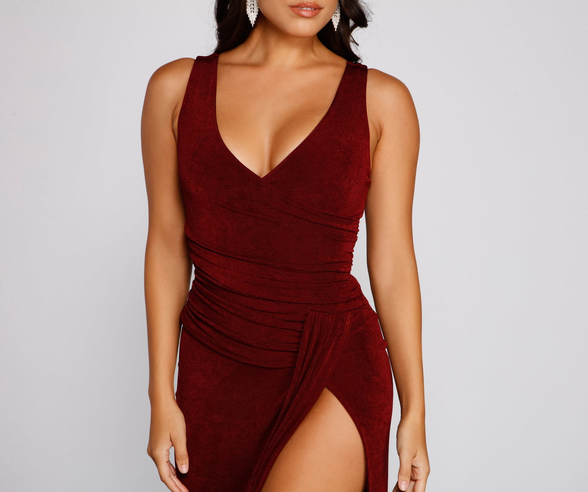 Glitter V-Neck Ruched High Split Wrap Column Maxi Dress - View 3